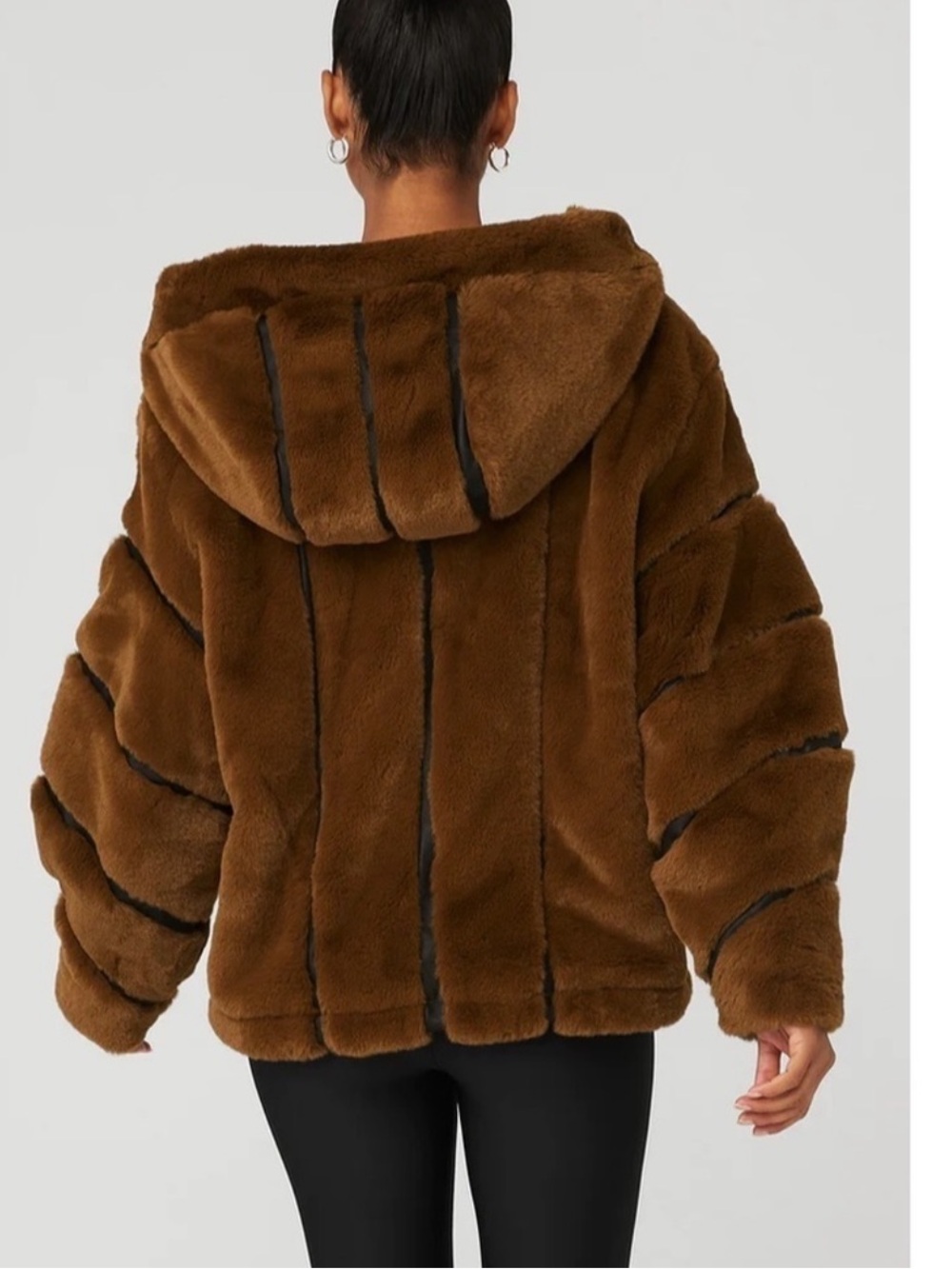 ALO Yoga Knockout Faux Fur Hooded Oversized  Jacket Chocolate Brown size medium - Picture 3 of 15